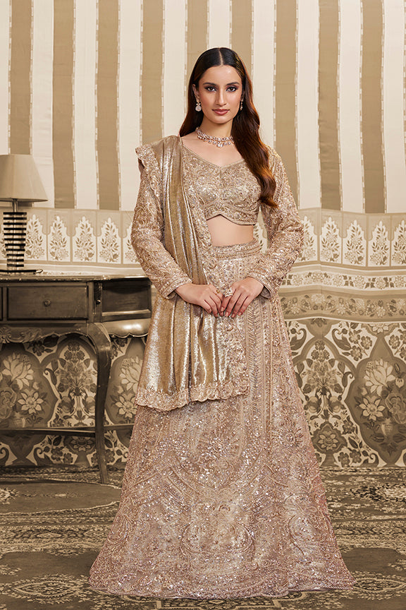 Golden Foil Satin Beads Embellishment Lehenga Saree