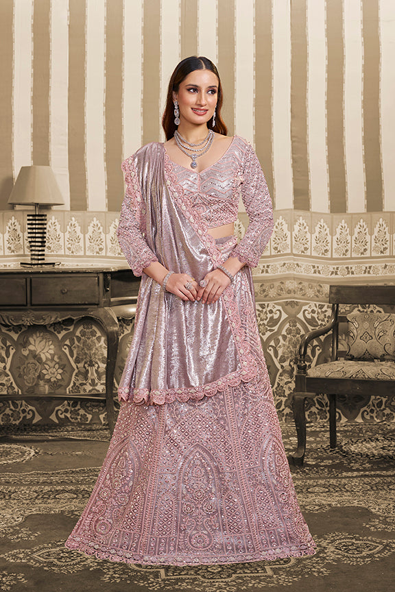 Pink Foil Satin Beads Embellishment Lehenga Saree