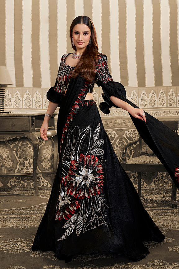 Black Velvet Satin Beads Embellishment Lehenga Saree