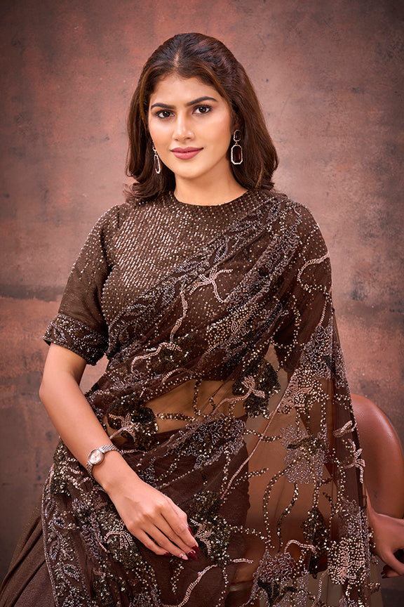 Brown Jimmy Choo Beads Embellishment Saree