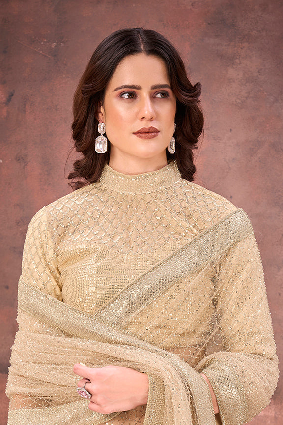 Cream Crush Satin Beads Embellishment Saree
