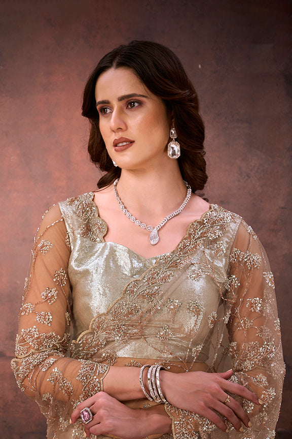 Brown Foil Satin Dual Beads Embellishment Saree
