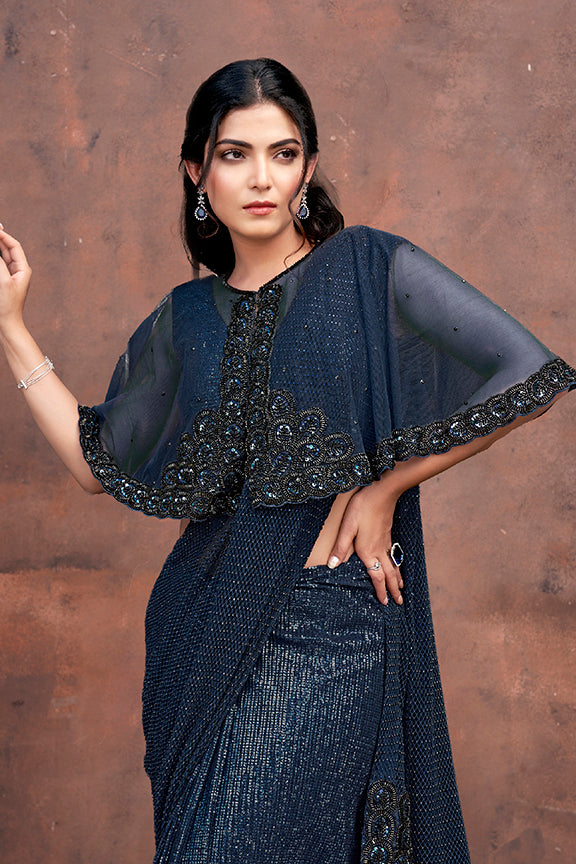 Navy Blue Armani Tulle Pure Beads Hand Work Saree