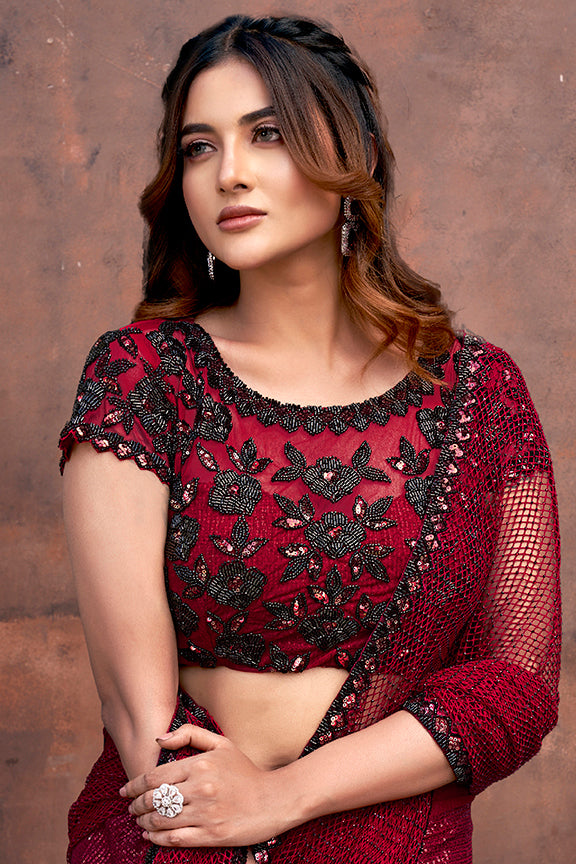 Maroon Armani Tulle Pure Beads Hand Work Saree