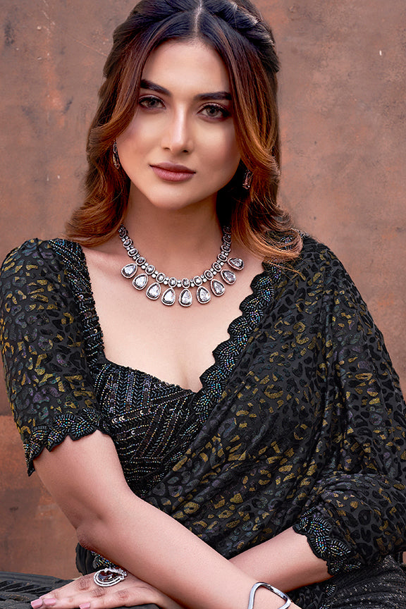Black Gucci Velvet PureBeads Hand Work Saree