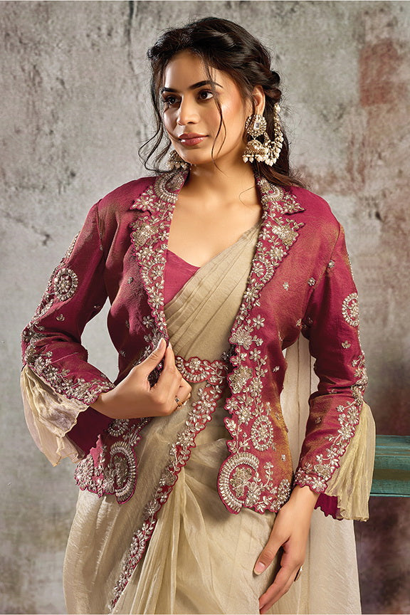 Golden Crystal Organza Satin Handwork Ready to Wear Saree
