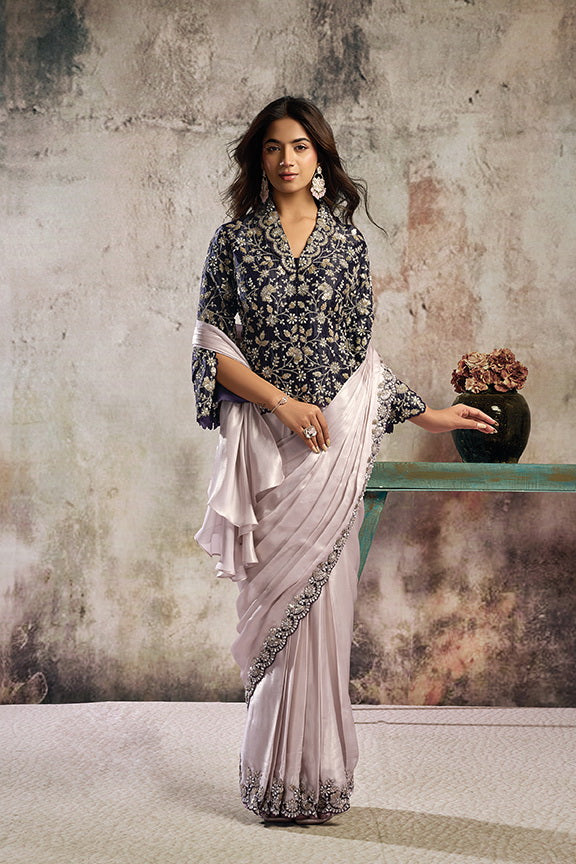 Purple Metallic Glossy Satin Handwork Ready to Wear Saree