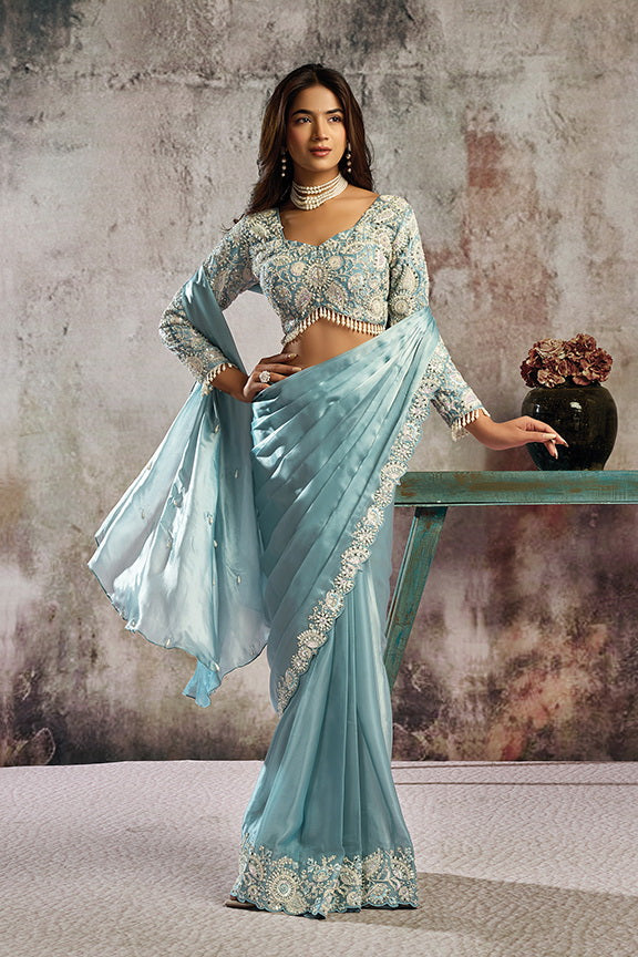 Ice Blue Lustrous Satin Mirror Handwork Ready to Wear Saree