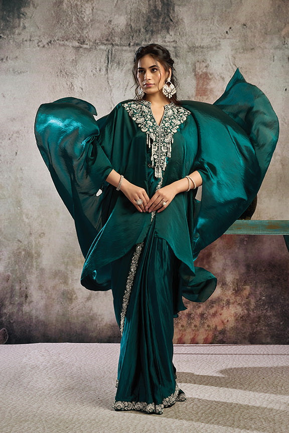 Peacock Green Two Tone Satin Embroidery Ready to Wear Saree