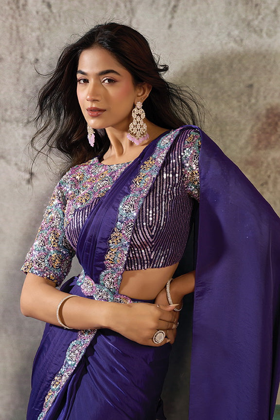 Purple Lustrous Satin Beads Embellishment Ready to Wear Saree