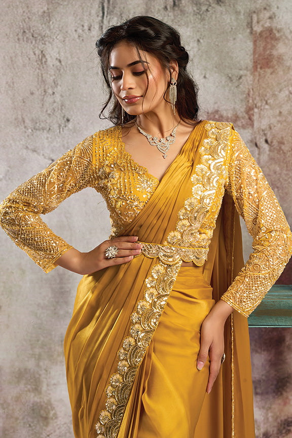 Mustard Lustrous Satin Beads Embellishment Ready to Wear Saree