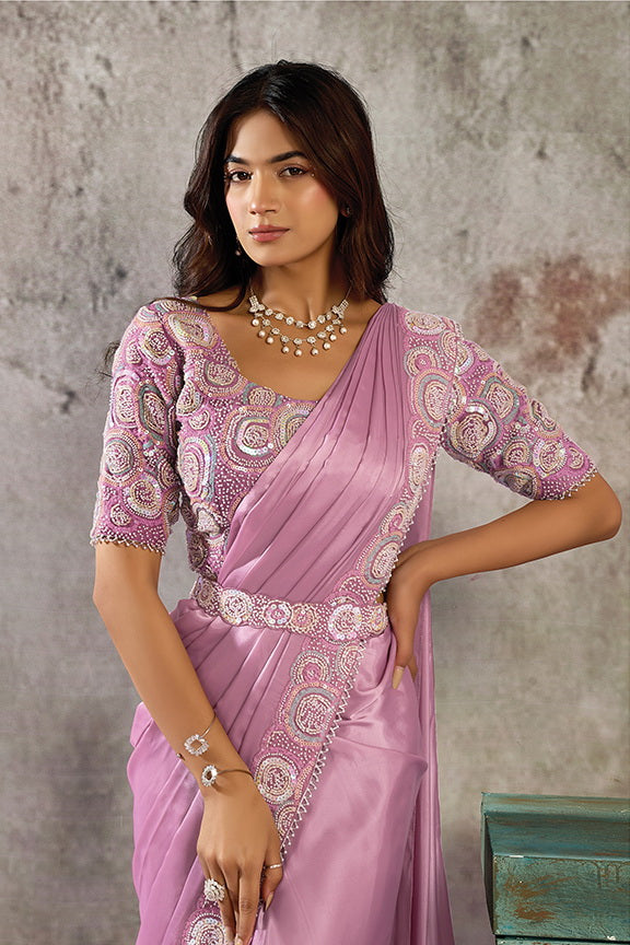 Pink Lustrous Satin Multi Beads Ready to Wear Saree