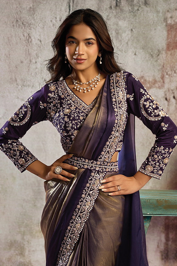 Purple Metallic Gold Satin Stone Handwork Ready to Wear Saree