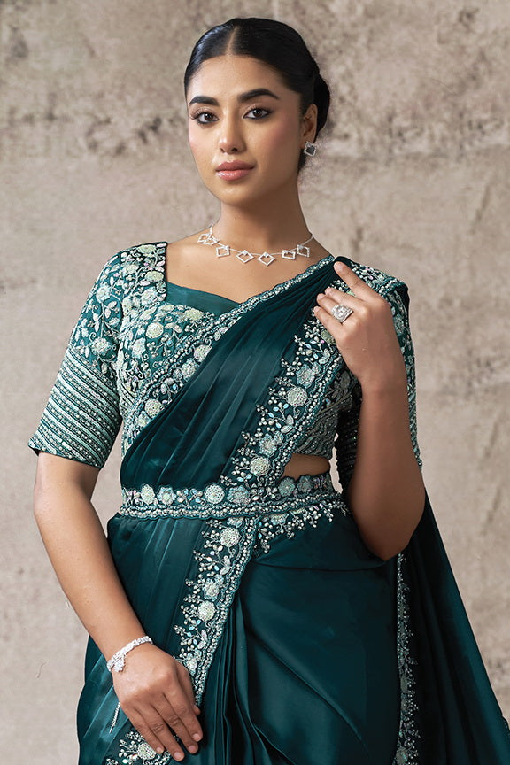 Teal Crepe Satin Silk Pure Handwork Ready to Wear Saree