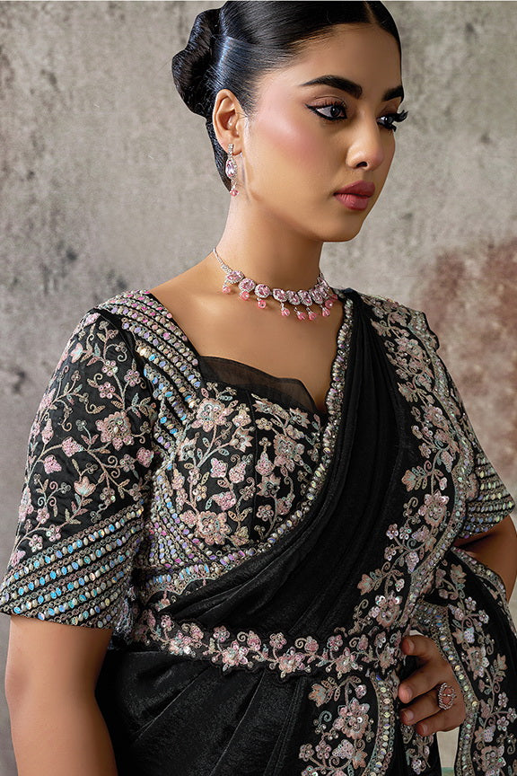 Black Two Tone Satin Silk Hand Work Ready to Wear Saree