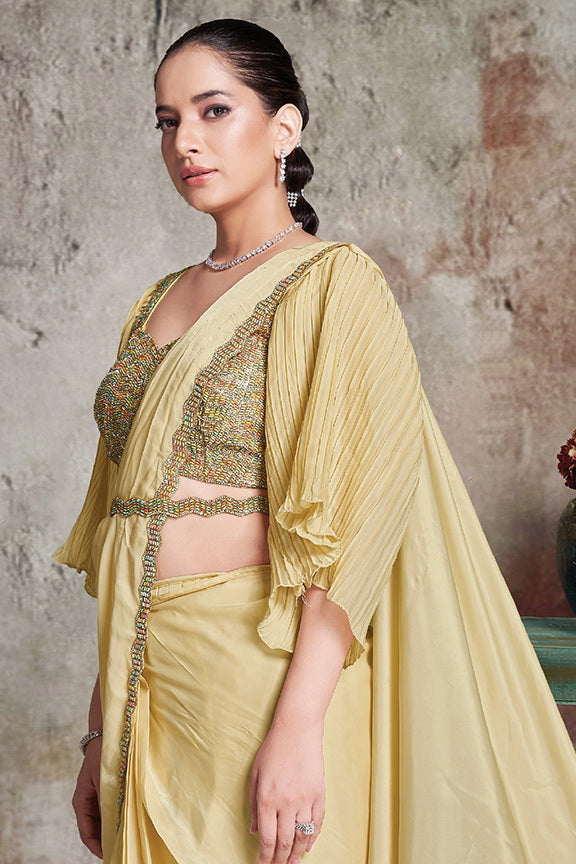 Yellow Crepe Satin Silk Beads Aaari work Ready to Wear Saree