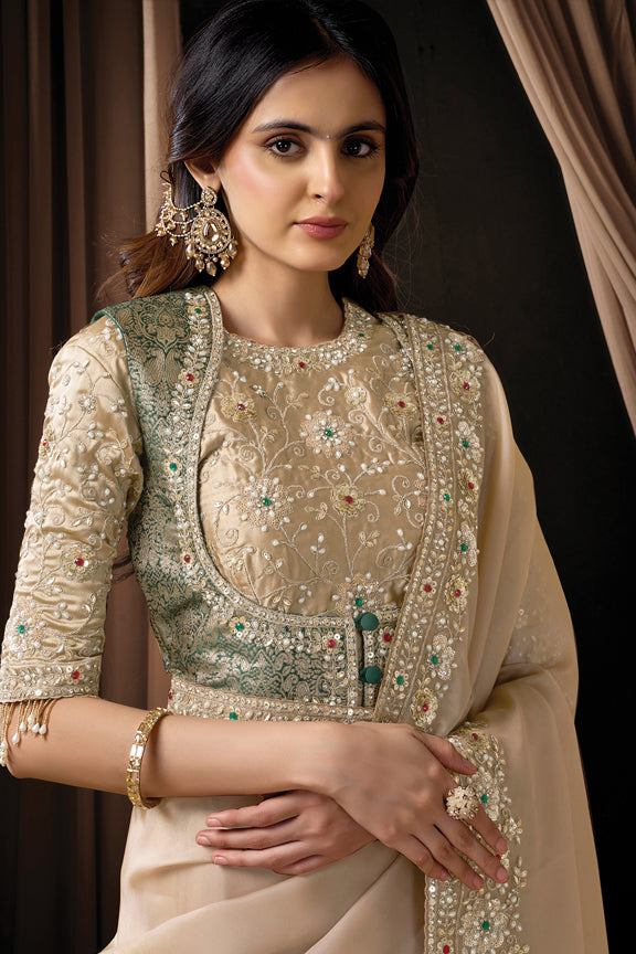 Beige Zari Organza Satin Stone Handwork Saree