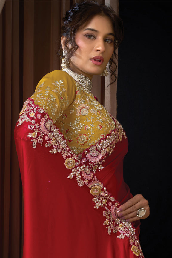 Red Lustrous Satin Silk Thread Embroidery Saree