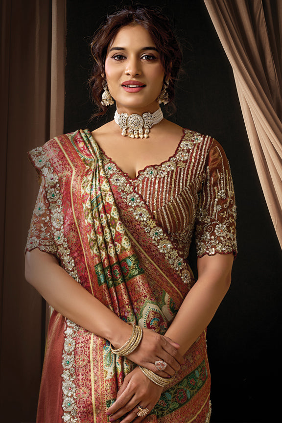 Maroon Viscos Simmer Satin Handwork Saree