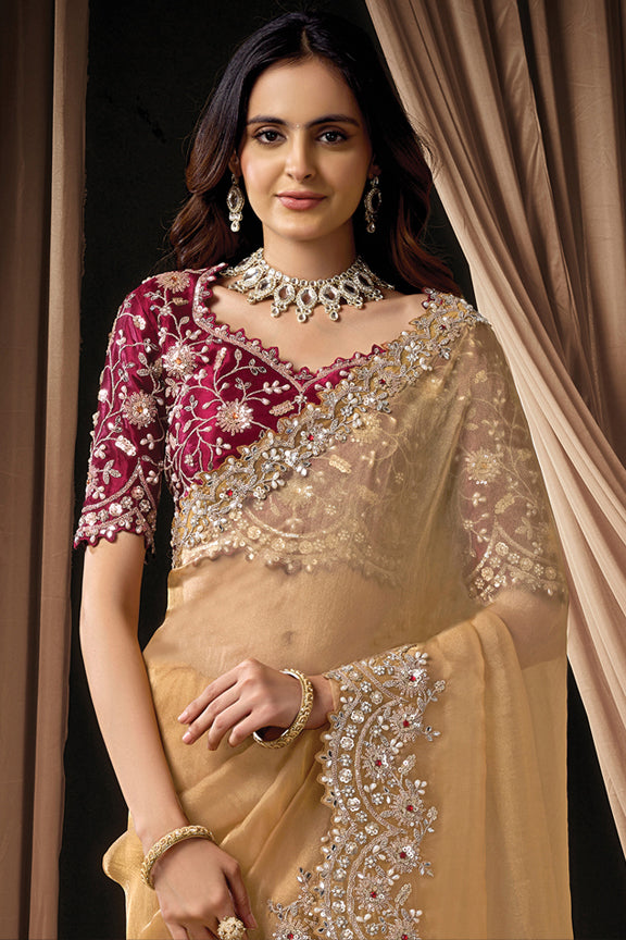 Warm Gold Organza Tissue Handwork Saree