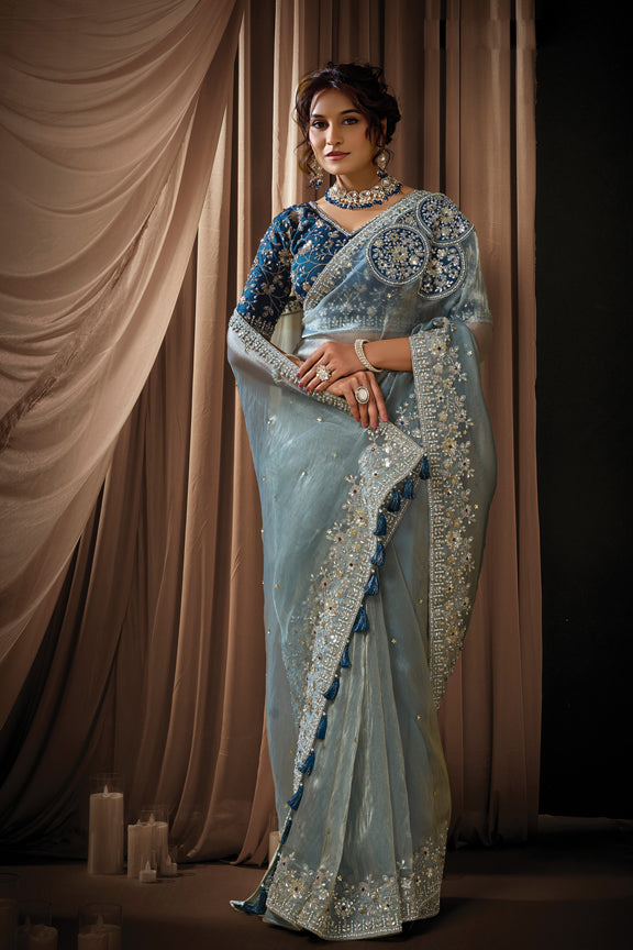 Ice Grey Zari Organza Satin Embroidery Saree