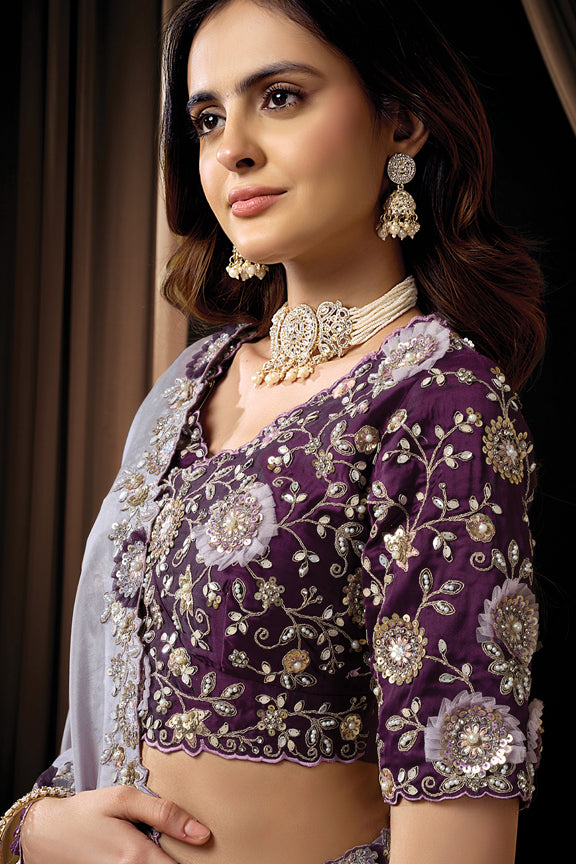 Lavender Uppada Silk Embroidery Saree