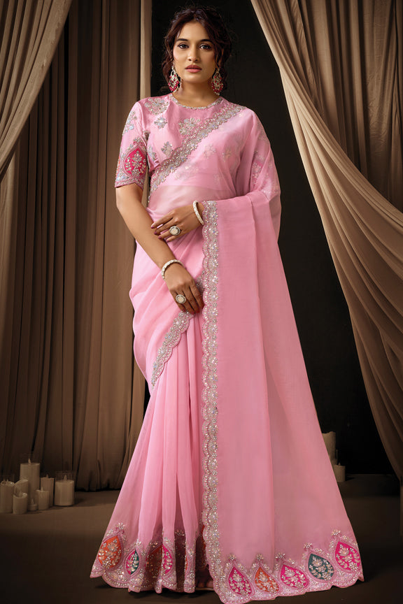 Pink Tissue Organza Stone Handwork Saree