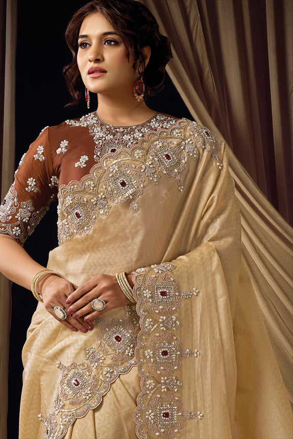Beige Woven Jacquard Silk Embroidery Saree