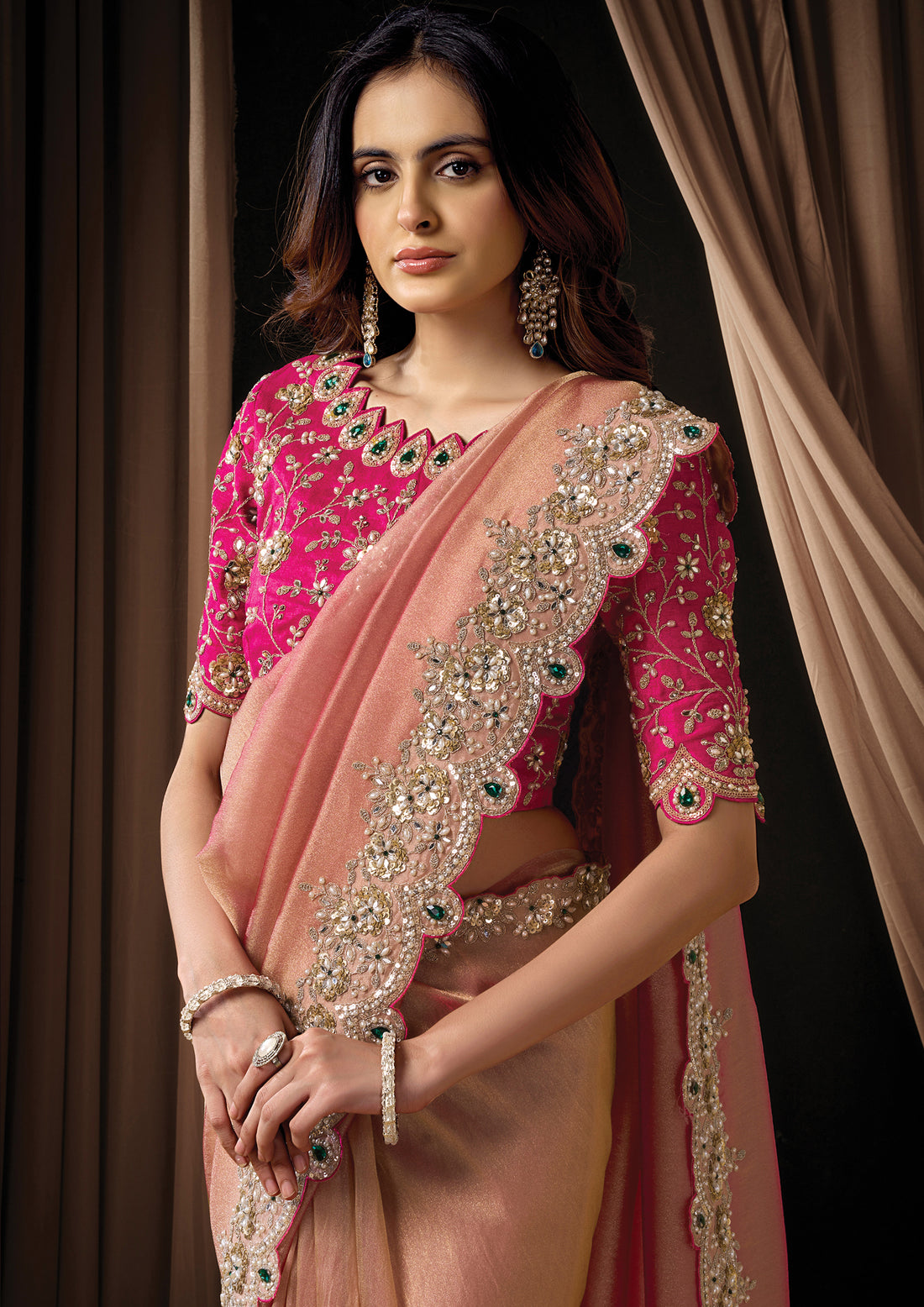 Blush Pink Zari Organza Satin Embroidery Saree