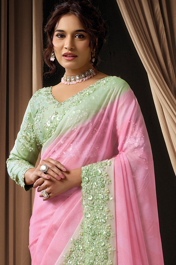 Pista Green Soft Georgette Embroidery Saree