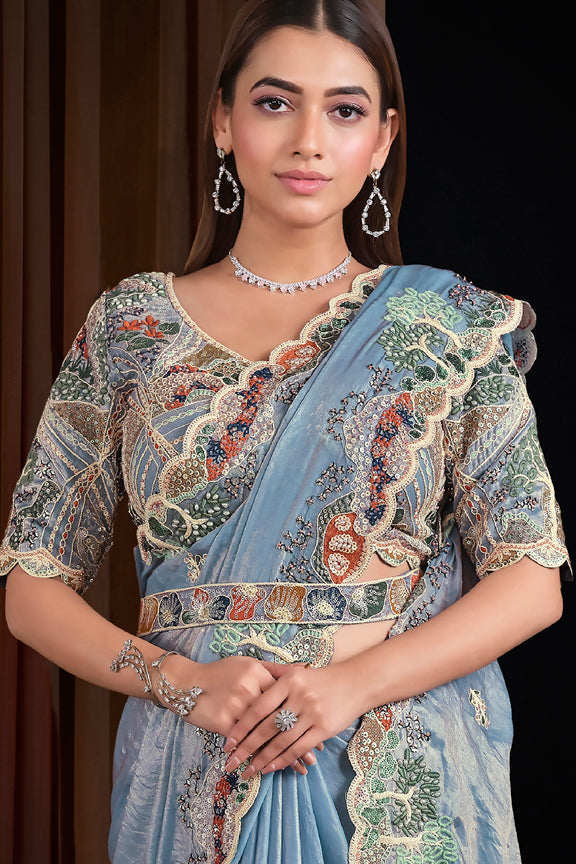 Light Blue Two Tone Satin Silk Handwork Saree