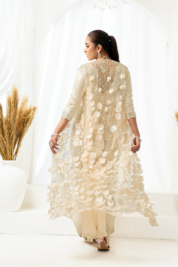 Cream Two Tone Satin Silk Beads Embroidery Drape Saree