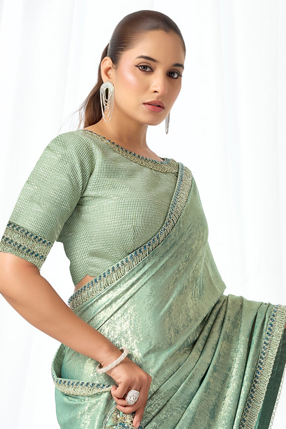 Sea Green Metallic Satin Silk Bead Hangings Saree