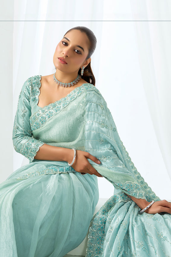 Ice Blue Organza satin Pearl Embellishment Saree
