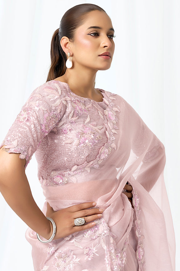 Blush Pink Organza Satin Beads Embroidery Saree