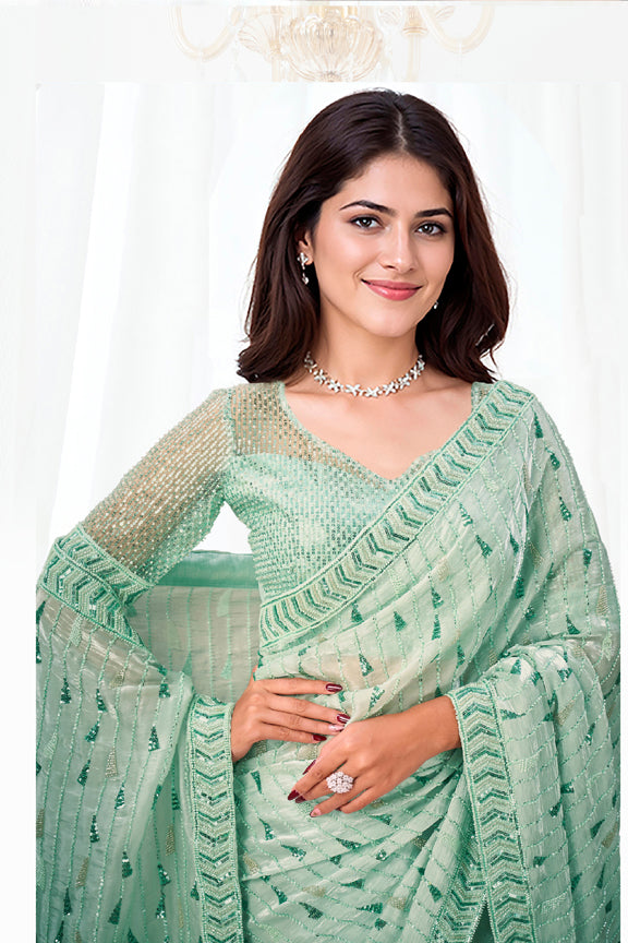 Green Jimmy Choo Dual Beads Work Saree