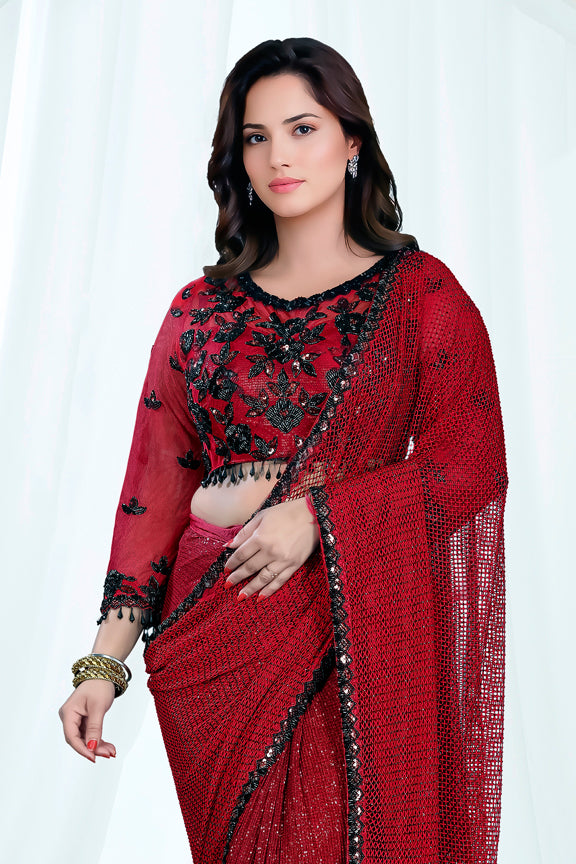 Maroon Armani Tulle Net Beads Handwork Saree