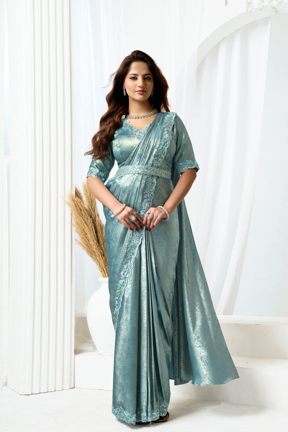 Grey Metallic Lustrous Satin Silk Embroidery Ready To Wear Saree