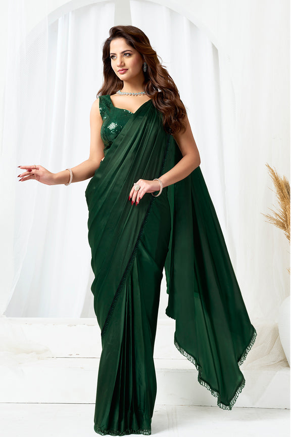 Green Metallic Lustrous Satin Silk Embroidery Ready To Wear Saree