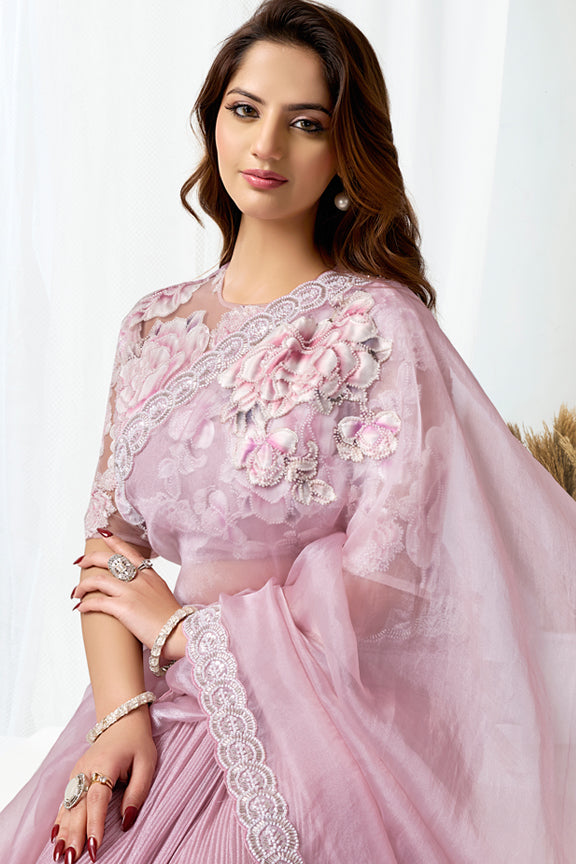 Blush Pink Crushed Shimmer Organza Beads Saree