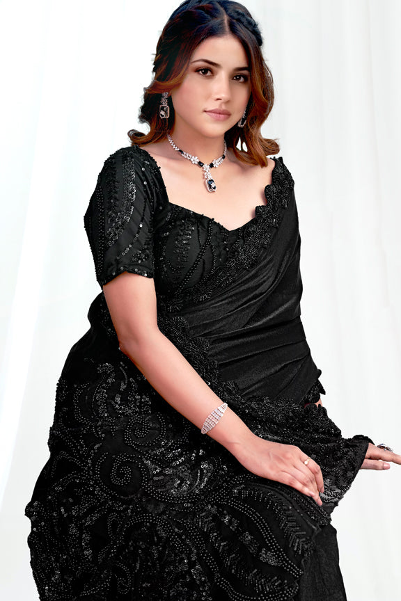 Black Versace Illusion Pure Beads Hand Work Saree
