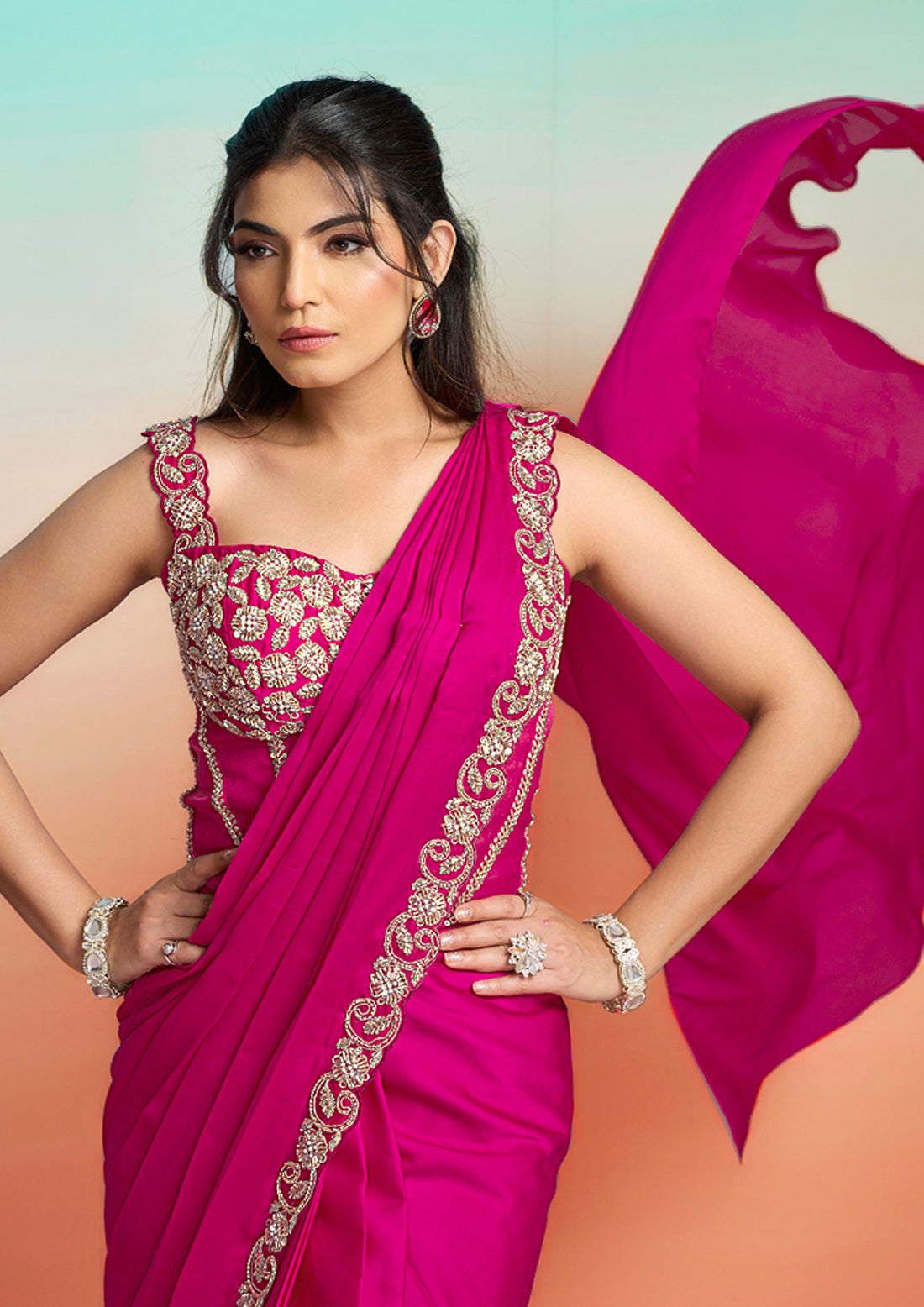 Rani Satin Silk Cutdana Zardosi Work Ready to Wear Saree