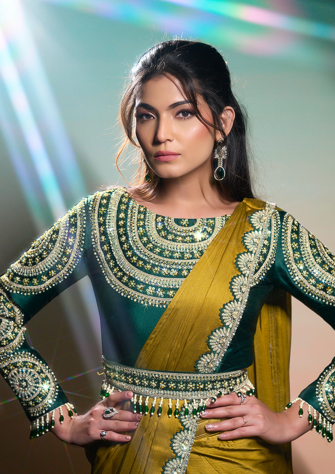 Mustard Georgette Chiffon Satin Embroidery Ready to Wear Saree