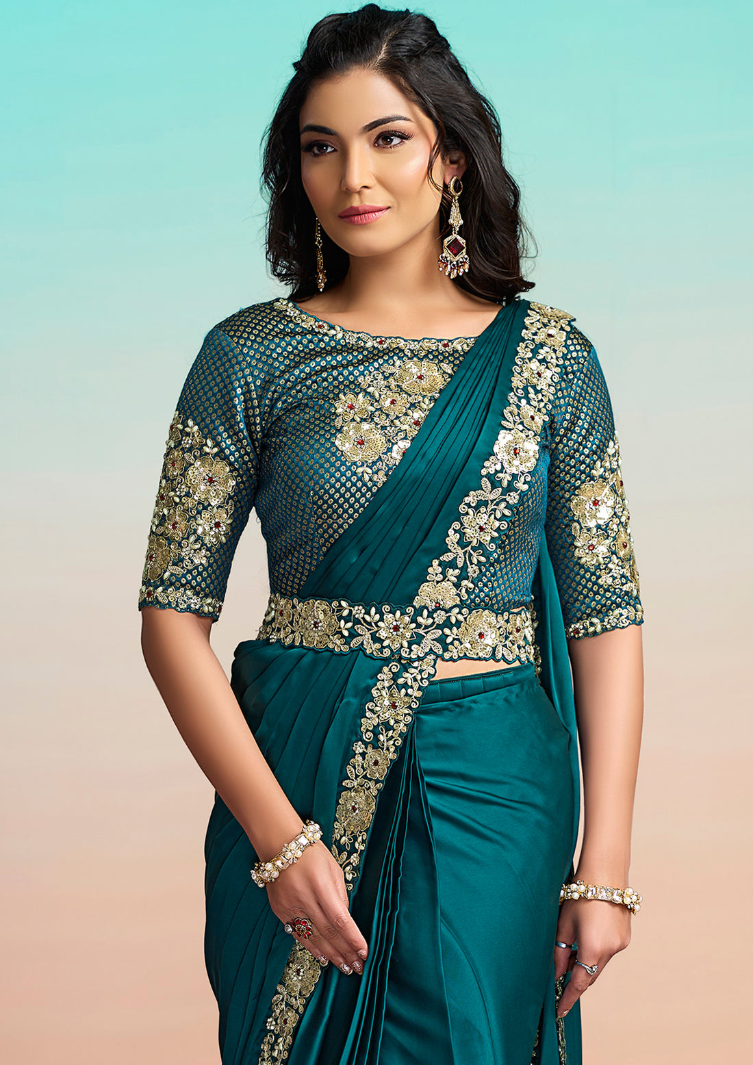 Rama Lustrous Satin Silk Embroidery Ready to Wear Saree