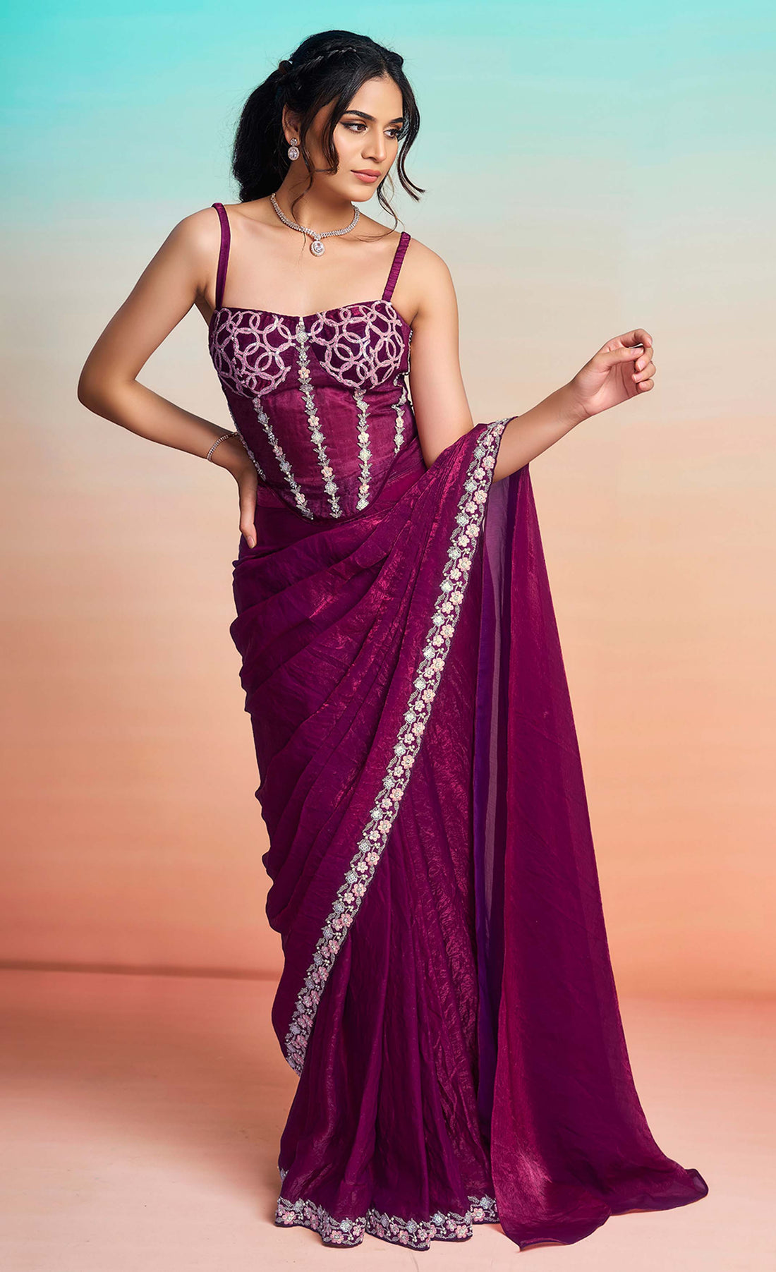 Maroon Two Tone Satin Silk Embroidery Ready to Wear Saree