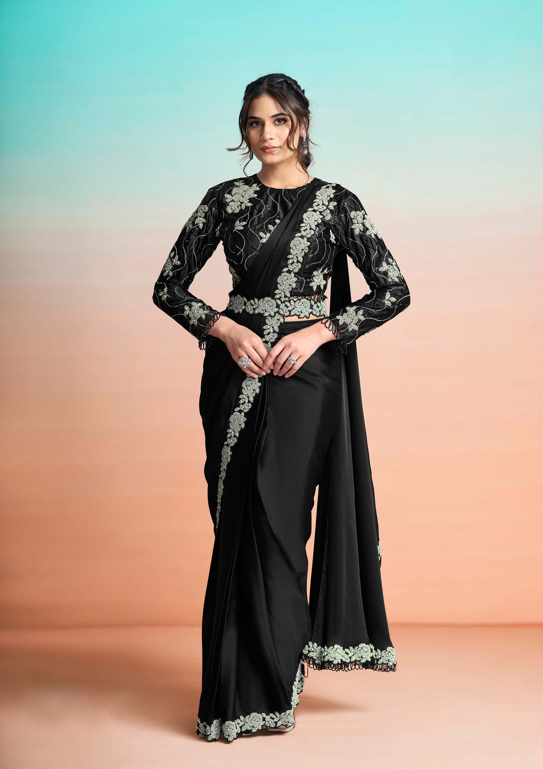 Black Lustrous Satin Silk Embroidery Ready to Wear Saree