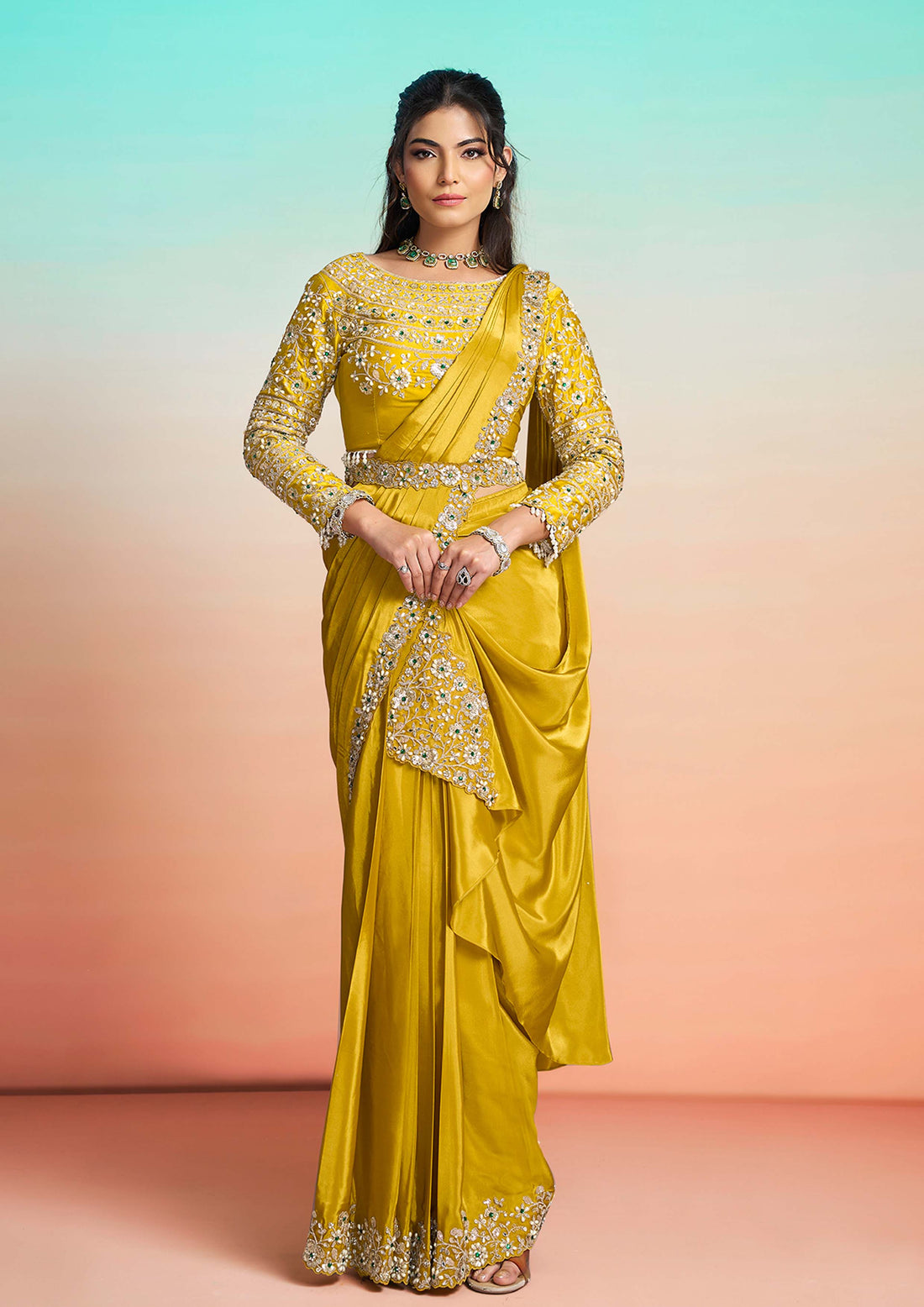 Mustard Natural Crepe Satin Embroidery Ready to Wear Saree