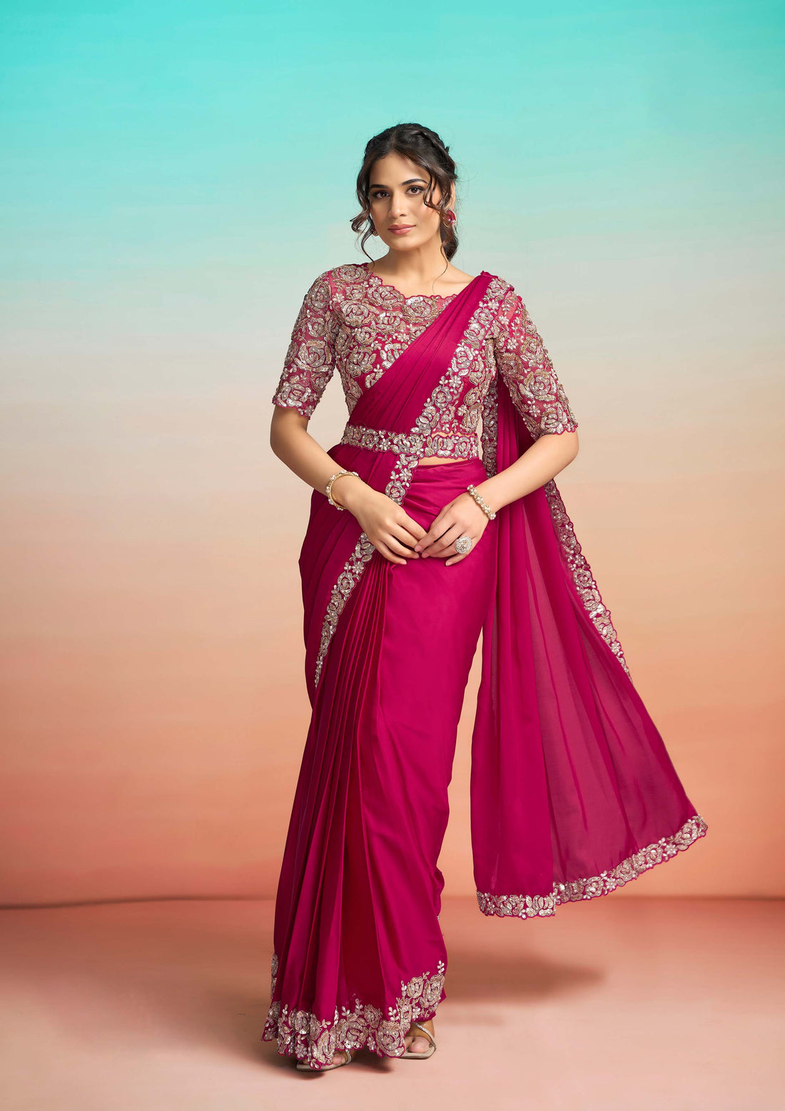 Rani Lustrous Satin Silk Embroidery Ready to Wear Saree