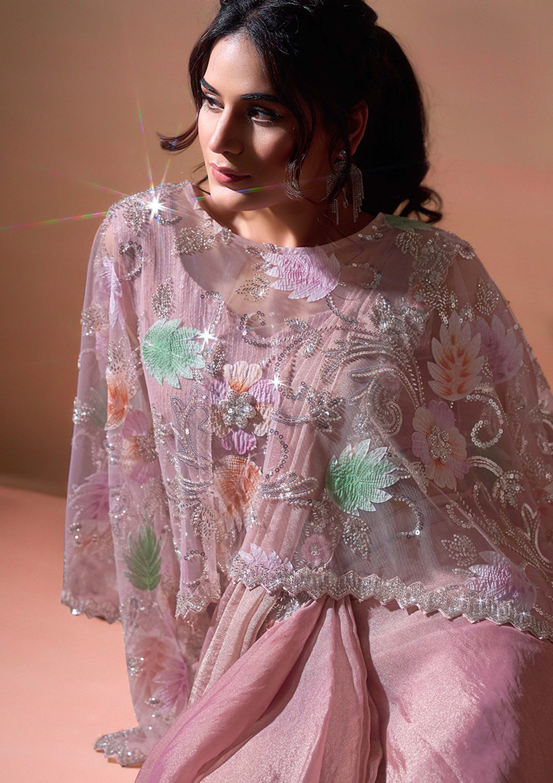 Mauve Georgette Satin Embroidery Ready to Wear Saree