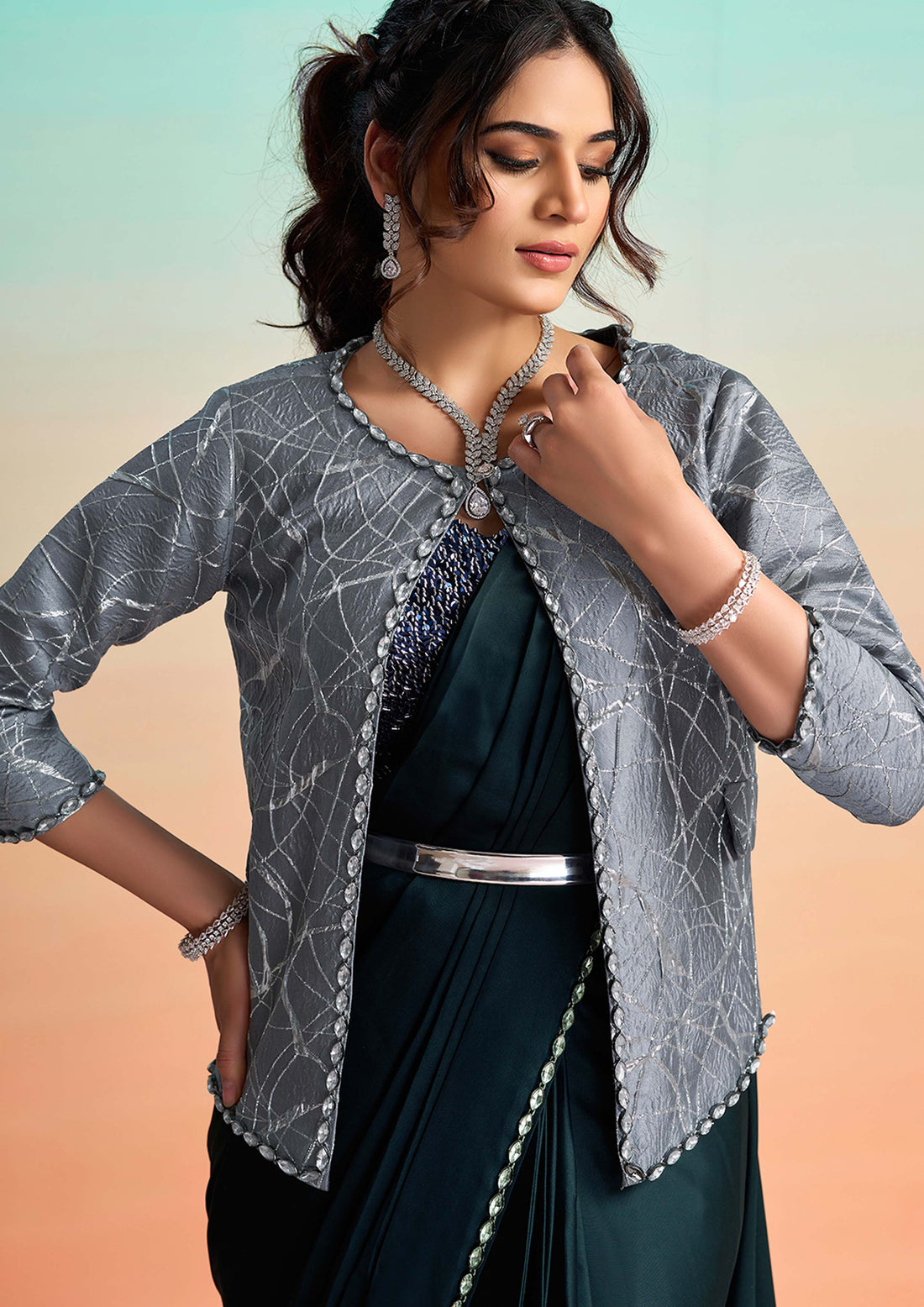 Navy Blue Lustrous Satin Silk Embroidery Ready to Wear Saree